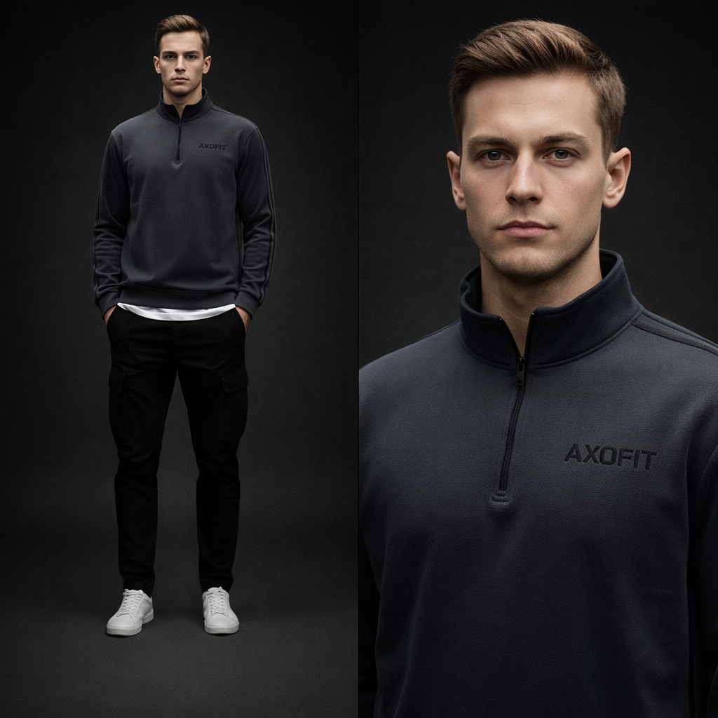 Dark Grey Double Strips Mock Neck Sweat Shirt