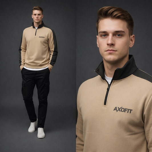 Beige and Charcoal Combination Mock Neck Sweat Shirt
