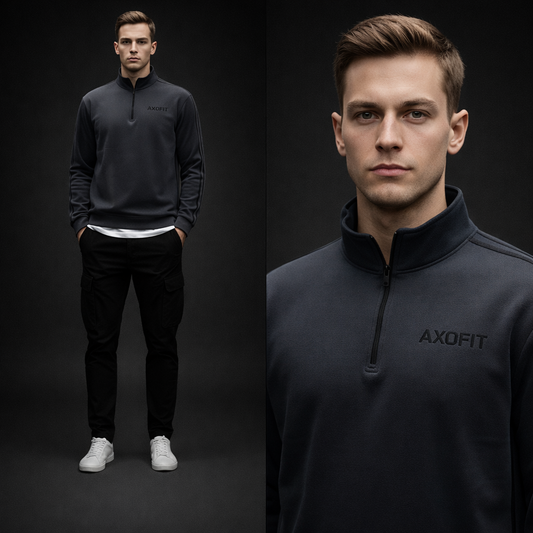 Dark Grey Double Strips Mock Neck Sweat Shirt