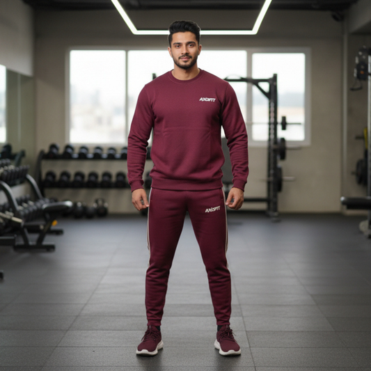 Maroon White Striped Round Neck Track Suit