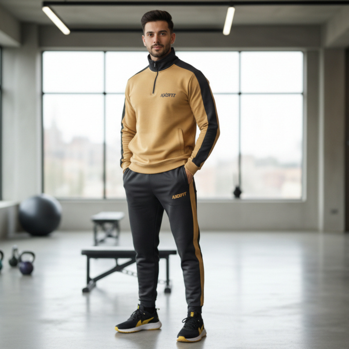 Beige and charcoal combination mock neck tracksuit