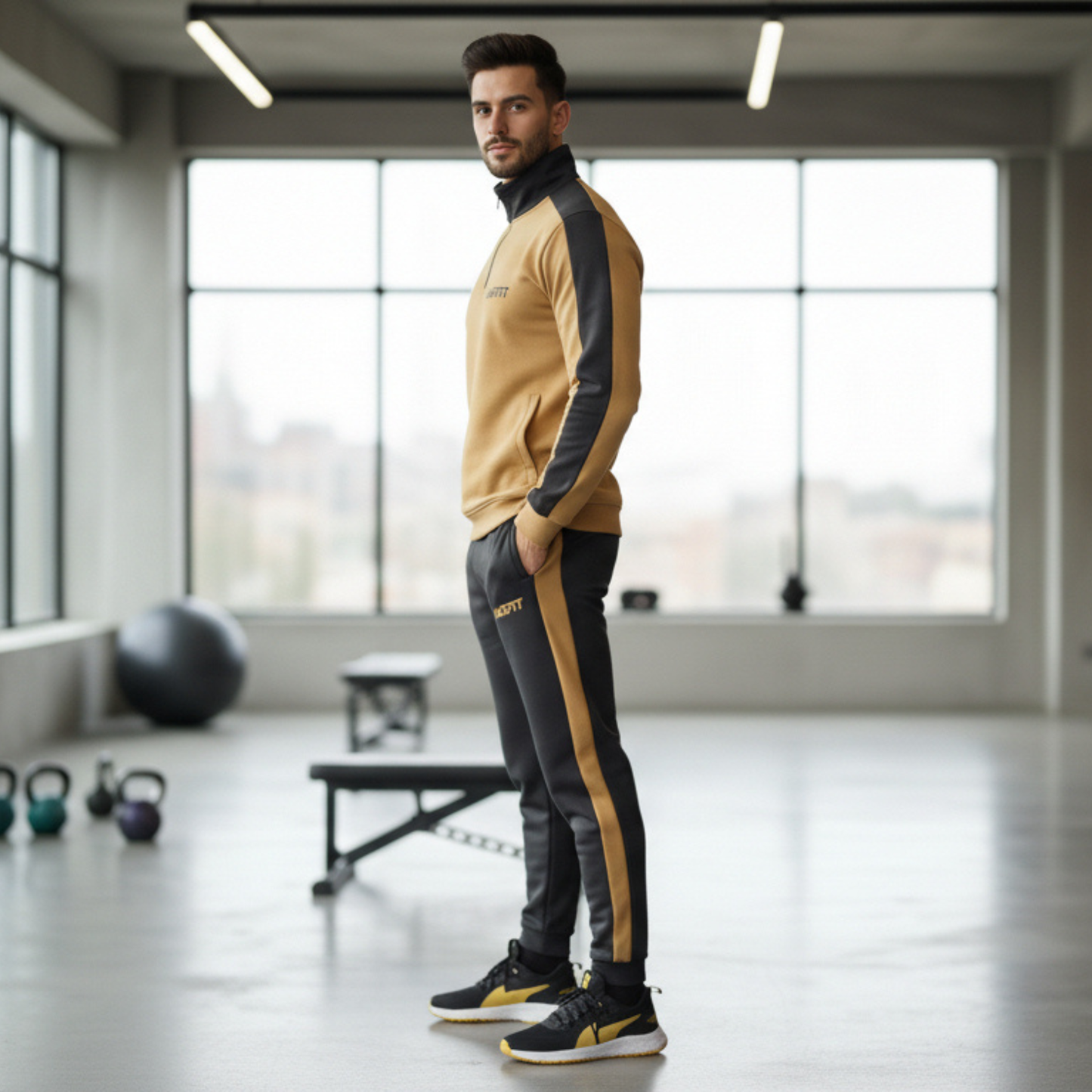 Beige and charcoal combination mock neck tracksuit