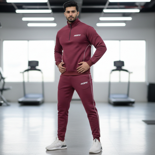 Maroon white striped mock neck track suit