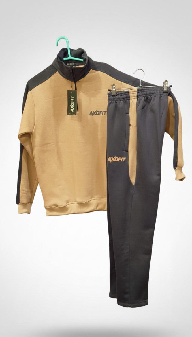 Beige and charcoal combination mock neck tracksuit